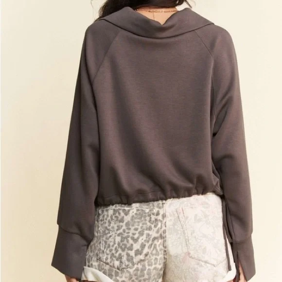 Drawstring Hem Half Zip Raglan Sleeve Sweatshirt